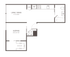 Modern apartment floor plan featuring one bedroom with walk-in closet, open living and dining area, spacious kitchen, and bathroom with in-unit washer and dryer.