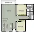 Contemporary floor plan with two bedrooms, an open living space, and a private patio balcony.