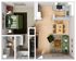 One Bedroom floor plan featuring a cozy bedroom, functional kitchen with dining area, and inviting living space.