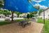 Charming outdoor area with a shaded picnic table and a modern grill, surrounded by lush greenery and picturesque townhouses.