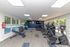 Modern fitness center with large windows, featuring treadmills, ellipticals, weight benches, and vibrant exercise balls.