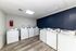 Bright and modern laundry room featuring six efficient white washing machines against a navy accent wall, enhanced by stylish wood-look flooring.