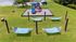 Tranquil outdoor space with striped hammocks, vibrant playground, and lush green lawn, perfect for family relaxation.