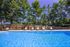 Inviting outdoor swimming pool surrounded by lush greenery and comfortable lounge chairs, perfect for relaxation and leisure.
