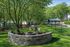 Charming outdoor seating area with a fire pit, surrounded by lush greenery and cozy benches, perfect for relaxation.
