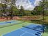 Inviting pickleball courts nestled in a serene, landscaped setting with lush greenery and vibrant flowers.