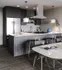 Contemporary kitchen with elegant dark wood finishes, modern pendant lighting, and a sleek marble dining table.