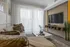 Chic living room featuring a cozy beige sofa with plush cushions, sleek wall-mounted TV, stylish decor, and soft natural light filtering through sheer white curtains.