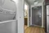 Modern apartment entryway with in-unit laundry, elegant wooden flooring, and sleek stainless steel appliances.