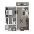 Contemporary 2D floor plan showcasing a one-bedroom apartment with an expansive living room, open kitchen, and cozy balcony.