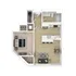 Modern floor plan displaying an elegant 1-bedroom layout with a spacious open-concept kitchen and living area, plus a sleek bathroom.