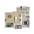 Modern apartment floor plan showcasing 1 bedroom, an open-concept living and dining area, a sleek kitchen with an island, a stylish bathroom, and a cozy balcony.