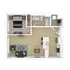 Modern 3D floor plan showcasing a spacious one-bedroom apartment with open-concept living area, sleek kitchen island, and stylish bathroom.