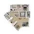 Modern 2D floor plan showcasing 2 bedrooms, open kitchen, and stylish living room with wood flooring.
