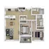 Modern 3D floor plan showcasing 2 bedrooms, 2 bathrooms, open kitchen with island, cozy living area, and inviting balcony.