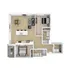 Modern 3D floor plan featuring two spacious bedrooms, an open-concept living and dining area, and a sleek kitchen with island seating.