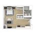 Modern studio apartment floor plan with a spacious bedroom, open living area, and sleek kitchen. Includes a stylish bathroom and ample closet space.