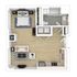 Chic studio apartment floor plan with a cozy bedroom nook, modern kitchen, stylish living area, and sleek bathroom.