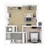 Modern 1-bedroom apartment floor plan with open-concept living room and kitchen, cozy dining area, spacious bathroom, and ample storage.