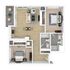 Chic floor plan with 2 spacious bedrooms, modern kitchen, elegant living area, and private balcony.
