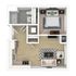 Chic 1-bedroom apartment floor plan showcasing a modern open-concept living area, stylish kitchen, and elegant bathroom.
