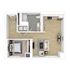 Chic open-concept floor plan with a cozy bedroom, spacious kitchen, and inviting living room featuring modern decor.