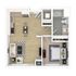 Modern 1-bedroom apartment floor plan featuring an open-concept kitchen and living area, a spacious bedroom with a walk-in closet, and a stylish bathroom.