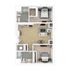 Modern 2D floor plan showcasing two spacious bedrooms, an open kitchen with adjacent dining area, a cozy living room, and two elegant bathrooms.