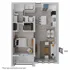 Modern one-bedroom floor plan featuring an open-concept living area, sleek kitchen with island, cozy dining space, and spacious bedroom with ample storage.