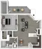 Modern 1-bedroom apartment floor plan with a spacious living area, gourmet kitchen, stylish bathroom, and private balcony.