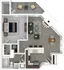 Modern floor plan showcasing a stylish one-bedroom layout with an open living area, sleek kitchen, and charming balcony space.