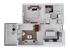 Elegant floor plan showcasing a cozy one-bedroom apartment with a spacious living room, modern kitchen, and private balcony.