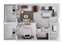 Modern apartment floor plan showcasing an open-concept living and dining area, chic kitchen with island seating, cozy bedroom, and stylish outdoor patio space.