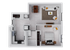 Modern 2D floor plan featuring a cozy one-bedroom layout with an elegant living area, compact kitchen, and stylish bathroom.