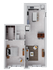 Modern apartment floor plan featuring one spacious bedroom, stylish open-concept living area, sleek kitchen with island, and elegant bathroom.