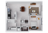 Modern apartment floor plan with one bedroom, spacious open-concept living and dining area, and sleek kitchen design.
