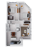Modern 2D floor plan with 2 cozy bedrooms, spacious open living area, and a streamlined kitchen design.