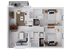 Modern floor plan featuring 2 spacious bedrooms, cozy living area, and an open kitchen, complete with balcony access for relaxation.