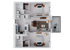 Modern floor plan showcasing 2 bedrooms, spacious open-concept living and dining area, sleek kitchen, and private balcony seating.