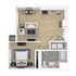 Contemporary floor plan featuring one bedroom, open-concept living and dining area, modern kitchen, and spacious bathroom.