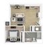 Modern 1-bedroom apartment floor plan featuring an open-concept living area with sleek kitchen, cozy bedroom, and spacious bathroom.
