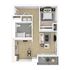 Modern 1-bedroom apartment floor plan with spacious living area, open kitchen, and inviting balcony.