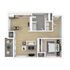 Chic apartment floor plan featuring 1 cozy bedroom, modern open-plan kitchen, inviting living room, spacious bathroom, and a charming balcony.