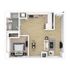 Modern one-bedroom apartment floor plan with a spacious open-concept living area, sleek kitchen, and cozy bedroom. Features a stylish bathroom and a well-organized layout perfect for urban living.