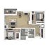 Modern floor plan showcasing 2 spacious bedrooms, open kitchen with island, cozy living room, and a private balcony.