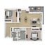 Modern apartment floor plan showcasing 2 bedrooms, open living and dining area, stylish kitchen, and balcony space.