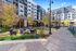 Courtyard with chairs, fire pits, picnic tables, and apartment buildings in the background.
