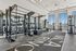 State-of-the-art strength training gym with premium equipment, ample natural light, and panoramic city views for a refined workout atmosphere.