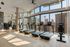 Spacious, sunlit gym with city skyline views, featuring modern treadmills and exercise equipment.