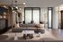 Modern living room with stylish gray sectional sofa, elegant lighting fixtures, and open-concept design leading to a dining area with large windows.